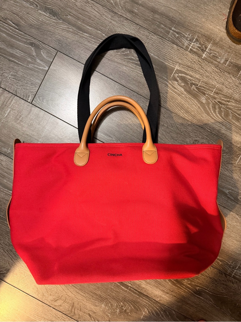 Cincha Poppy Red Canvas Tote with Tan Leather Handles and Black Shoulder Straps